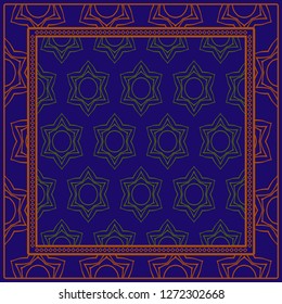 Decorative Ornament With Geometric Decoration. Symmetric Pattern . For Print Bandanna, Shawl, Tablecloth, Fabric Fashion, Scarf, Design. Dark blue, brown color