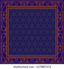 Decorative Ornament With Geometric Decoration. Symmetric Pattern . For Print Bandanna, Shawl, Tablecloth, Fabric Fashion, Scarf, Design. Dark blue, brown color