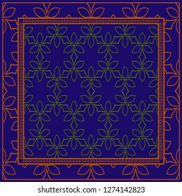 Decorative Ornament With Geometric Decoration. Symmetric Pattern . For Print Bandanna, Shawl, Tablecloth, Fabric Fashion, Scarf, Design. Dark blue, brown color
