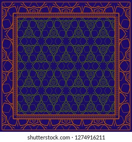 Decorative Ornament With Geometric Decoration. Symmetric Pattern . For Print Bandanna, Shawl, Tablecloth, Fabric Fashion, Scarf, Design. Dark blue, brown color