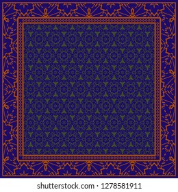 Decorative Ornament With Geometric Decoration. Symmetric Pattern . For Print Bandanna, Shawl, Tablecloth, Fabric Fashion, Scarf, Design. Dark blue, brown color