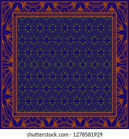 Decorative Ornament With Geometric Decoration. Symmetric Pattern . For Print Bandanna, Shawl, Tablecloth, Fabric Fashion, Scarf, Design. Dark blue, brown color