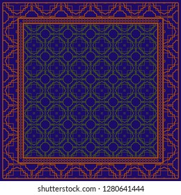 Decorative Ornament With Geometric Decoration. Symmetric Pattern . For Print Bandanna, Shawl, Tablecloth, Fabric Fashion, Scarf, Design. Dark blue, brown color
