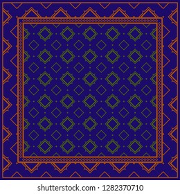 Decorative Ornament With Geometric Decoration. Symmetric Pattern . For Print Bandanna, Shawl, Tablecloth, Fabric Fashion, Scarf, Design. Dark blue, brown color Decorative Ornament With Geometric Decoration. Symmetric Pattern . For Print Bandanna, Shawl, Tablecloth, Fabric Fashion, Scarf, Design. Dark blue, brown color