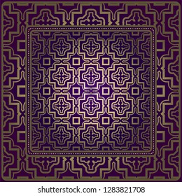 Decorative Ornament With Geometric Decoration. Symmetric Pattern . For Print Bandanna, Shawl, Tablecloth, Fabric Fashion, Scarf, Design. Purple, gold color.