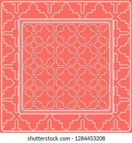 Decorative Ornament With Geometric Decoration. Symmetric Pattern . For Print Bandanna, Shawl, Tablecloth, Fabric Fashion, Scarf, Design. Rose color.