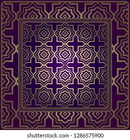 Decorative Ornament With Geometric Decoration. Symmetric Pattern . For Print Bandanna, Shawl, Tablecloth, Fabric Fashion, Scarf, Design. Purple, gold color.