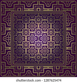 Decorative Ornament With Geometric Decoration. Symmetric Pattern . For Print Bandanna, Shawl, Tablecloth, Fabric Fashion, Scarf, Design. Purple, gold color.