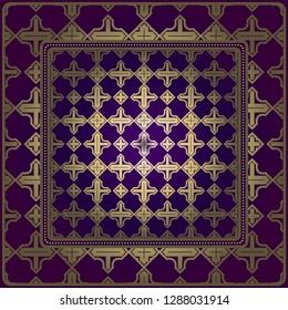 Decorative Ornament With Geometric Decoration. Symmetric Pattern . For Print Bandanna, Shawl, Tablecloth, Fabric Fashion, Scarf, Design. Purple, gold color.