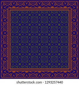 Decorative Ornament With Geometric Decoration. Symmetric Pattern . For Print Bandanna, Shawl, Tablecloth, Fabric Fashion, Scarf, Design. Dark blue, brown color