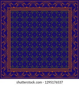 Decorative Ornament With Geometric Decoration. Symmetric Pattern . For Print Bandanna, Shawl, Tablecloth, Fabric Fashion, Scarf, Design. Dark blue, brown color