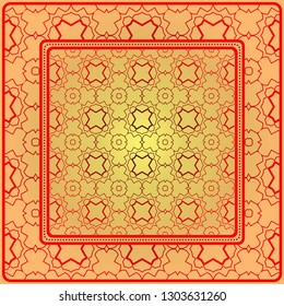 Decorative Ornament With Geometric Decoration. Symmetric Pattern . For Print Bandanna, Shawl, Tablecloth, Fabric Fashion, Scarf, Design. Sunrise color.