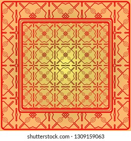 Decorative Ornament With Geometric Decoration. Symmetric Pattern . For Print Bandanna, Shawl, Tablecloth, Fabric Fashion, Scarf, Design. Sunrise color.