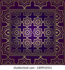 Decorative Ornament With Geometric Decoration. Symmetric Pattern . For Print Bandanna, Shawl, Tablecloth, Fabric Fashion, Scarf, Design. Purple, gold color.