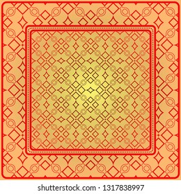 Decorative Ornament With Geometric Decoration. Symmetric Pattern . For Print Bandanna, Shawl, Tablecloth, Fabric Fashion, Scarf, Design. Sunrise color.