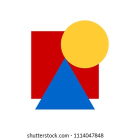 Decorative ornament of geometric shapes. Vector creative geometric composition of 3 primary colors and square, triangle, circle. Illustration of simple shapes and colors for web design, icon, logo. 