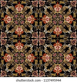 Decorative ornament with golden elements on a black background.
Tile pattern with vintage decorative elements.

