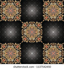 Decorative ornament with golden elements on a black background.
Tile pattern with vintage decorative elements.
