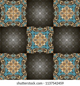 Decorative ornament with golden elements on a black background.
Tile pattern with vintage decorative elements.
