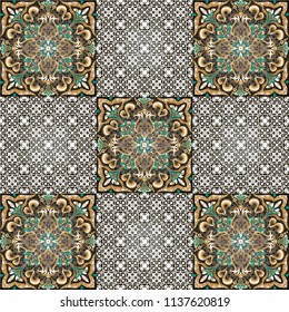 Decorative ornament with golden elements on a black background.
Tile pattern with vintage decorative elements.

