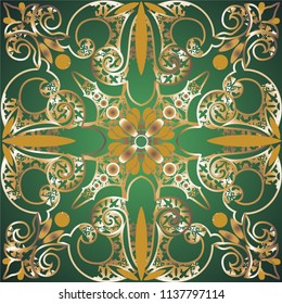 Decorative ornament with golden elements on a green background.
Tile pattern with vintage decorative elements.
