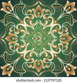 Decorative ornament with golden elements on a green background.
Tile pattern with vintage decorative elements.
