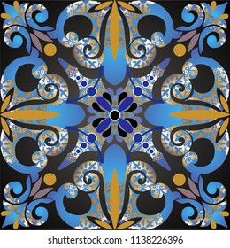 Decorative ornament with golden elements on a black background.
Tile pattern with vintage decorative elements.
