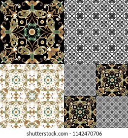 Decorative ornament with golden elements on a black background.
Tile pattern with vintage decorative elements.

