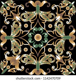 Decorative ornament with golden elements on a black background.
Tile pattern with vintage decorative elements.

