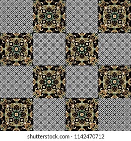 Decorative ornament with golden elements on a black background.
Tile pattern with vintage decorative elements.


