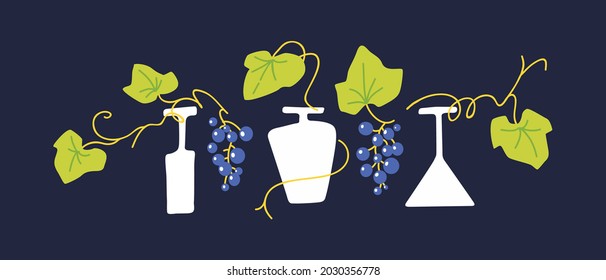 Decorative ornament from grapevine with glasses in the style of cartoon graphics. Doodle illustration with bottles of alcoholgol. Vineyard stylization.