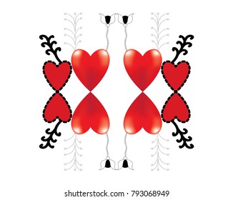 Decorative ornament made by red gradient mesh and flat colored heart shapes and black lines drawing of stylized floral shapes on white background. It has delicate note.