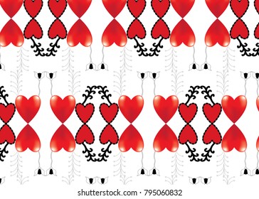 
Decorative ornament made by red gradient mesh and flat colored heart shapes and black lines drawing of stylized floral shapes on white background. It has delicate note.
