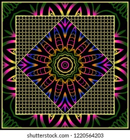 Decorative ornament with mandala decoration. symmetric pattern . For print Bandanna, shawl, tablecloth, fabric fashion, scarf, design.