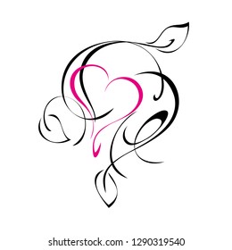decorative ornament with pink heart and leaves in black lines on white background