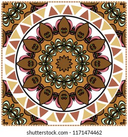 Decorative ornament with round mandala decoration. symmetric pattern . For print Bandanna, shawl, tablecloth, fabric fashion, scarf, design.