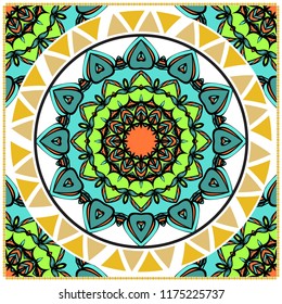 Decorative ornament with round mandala decoration. symmetric pattern . For print Bandanna, shawl, tablecloth, fabric fashion, scarf, design.