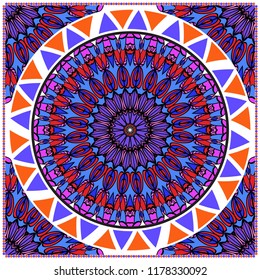 Decorative ornament with round mandala decoration. symmetric pattern . For print Bandanna, shawl, tablecloth, fabric fashion, scarf, design.