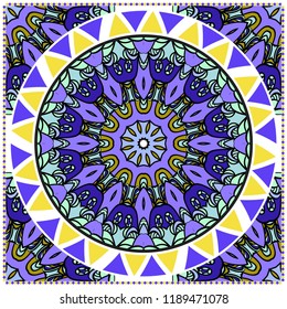 Decorative ornament with round mandala decoration. symmetric pattern . For print Bandanna, shawl, tablecloth, fabric fashion, scarf, design.