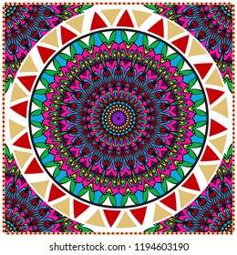 Decorative ornament with round mandala decoration. symmetric pattern . For print Bandanna, shawl, tablecloth, fabric fashion, scarf, design.