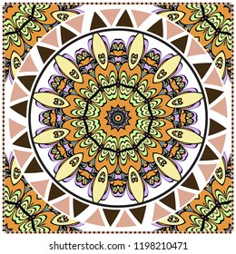 Decorative ornament with round mandala decoration. symmetric pattern . For print Bandanna, shawl, tablecloth, fabric fashion, scarf, design.