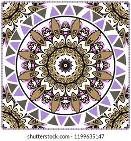Decorative ornament with round mandala decoration. symmetric pattern . For print Bandanna, shawl, tablecloth, fabric fashion, scarf, design.