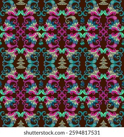 Decorative ornament with swirls, fir trees and flowers. Beautiful seamless pattern