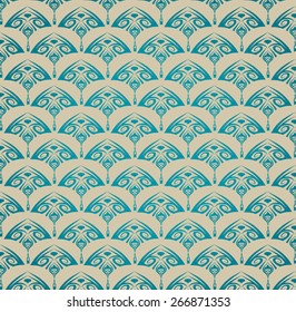 Decorative ornament with a turquoise elegant triangular rounded elements in East style on a beige background