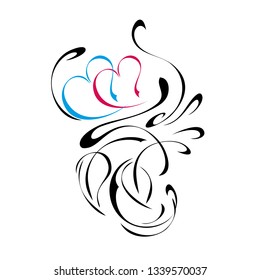 decorative ornament with two hearts, leaves and curls on a white background