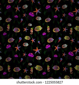 Decorative ornament. Vector illustration. Abstract vector pattern of repeating and alternating constituent elements. Seamless pattern with fishes. Fishes in green, orange and black colors.