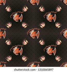 Decorative ornament. Vector illustration. Seamless pattern with fishes. Fishes in gray, black and brown colors. Abstract vector pattern of repeating and alternating constituent elements.