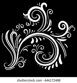 Decorative ornament. White flower branch. Vector illustration isolated on black background