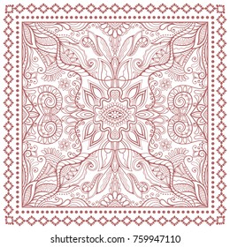 Decorative ornamental background, hand drawn floral doodle pattern with lace frame. Tribal ethnic mandala ornament. Bandanna shawl, tablecloth fabric print, silk neck scarf, kerchief design