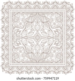 Decorative ornamental background, hand drawn floral doodle pattern with lace frame. Tribal ethnic mandala ornament. Bandanna shawl, tablecloth fabric print, silk neck scarf, kerchief design